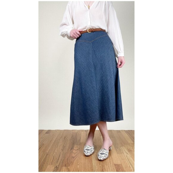 Vintage A-line Drop Waist Midi Skirt Full Denim Jean Coastal Cowgirl Westerncore - Picture 9 of 9